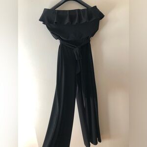 White House Black Market Black Ruffled Wide-Leg Jumpsuit with Waist Tie